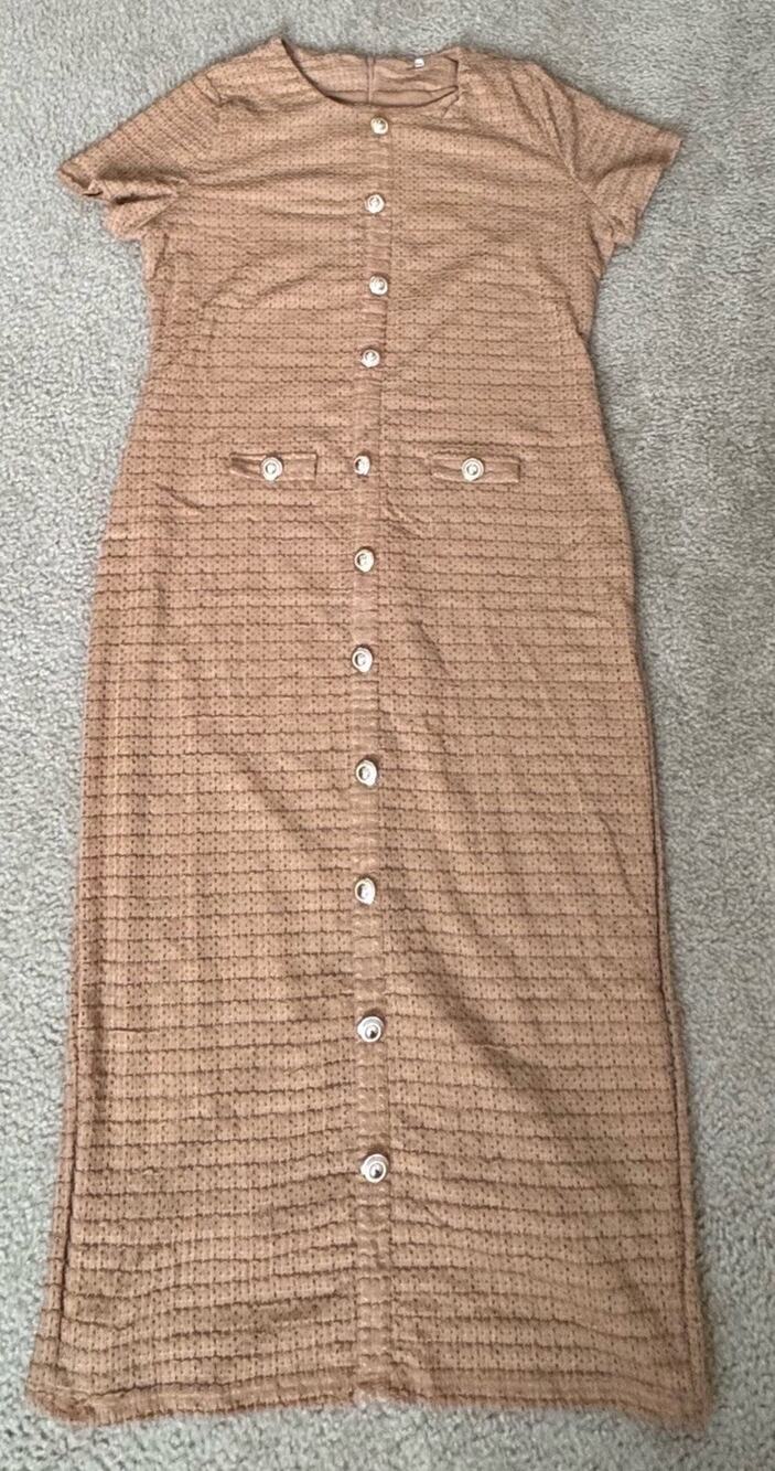 Women’s XXL Tan Crochet Lace Midi Dress Button Front Lined Stretch Cottagecore